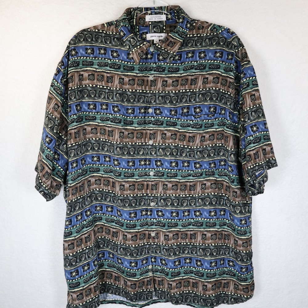 Pierre Cardin Mens XL Rayon Short Sleeve Button Down Shirt Hawaiian Print